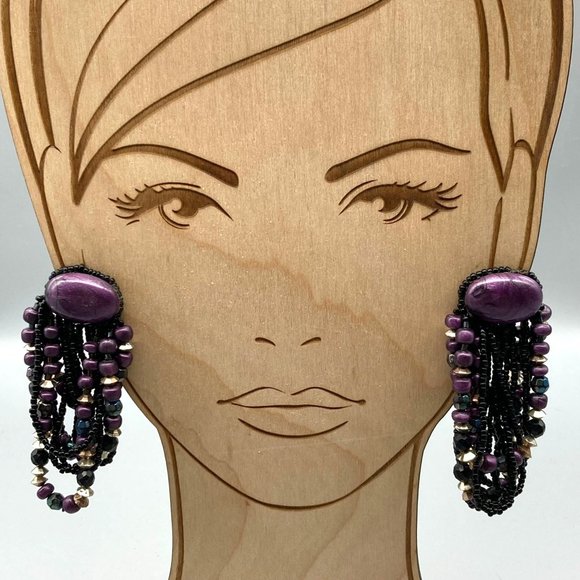 Dangling Purple and Black Sparkle Earrings, Unique Vintage Long Shoulder Dusters - Picture 1 of 6